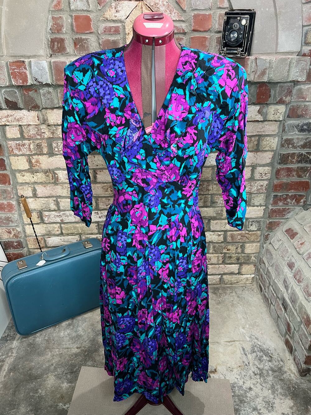 dress fit and flare floral pink purple teal